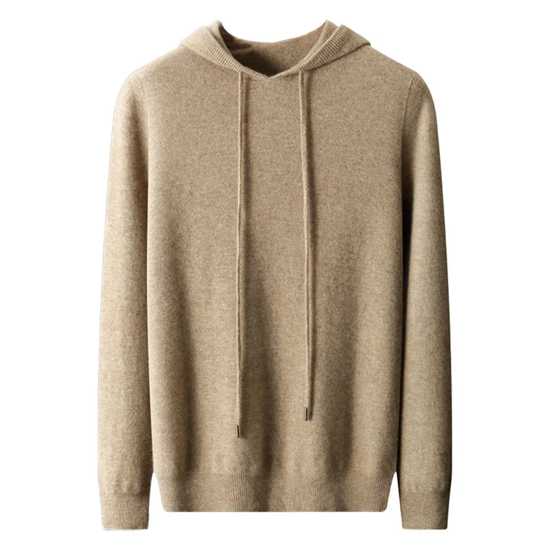 wool hooded knitted cashmere sweater for autumn, pure Australian men's loose, light luxury warm top sweatshirt