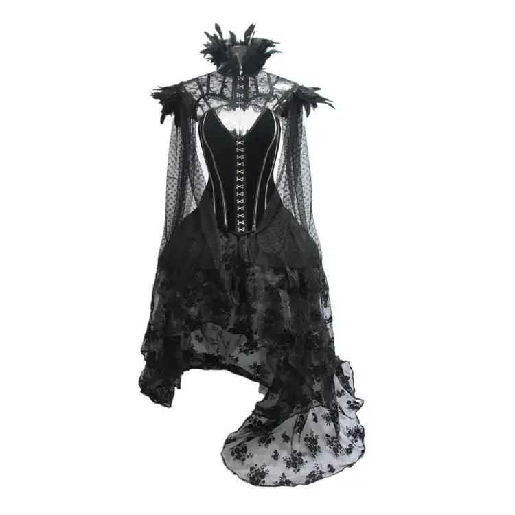 Ensemble moulant en velours Bla, jupe gothique longueur au sol, Punk k scène ow, col en plumes, Costume d'élégance pour femmes