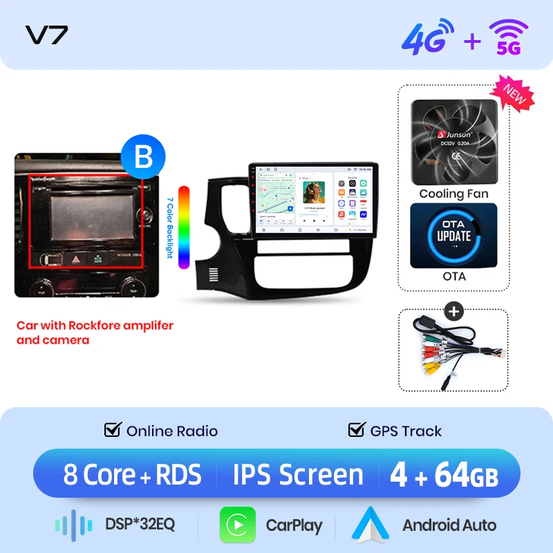 Junsun draadloze CarPlay Android Auto autoradio voor Mitsubishi Outlander Mk3 (GF/GG) 2012-2021 met ingebouwde koelventilator, Android GPS navigatie, multimediaspeler, WiFi, DSP, RDS, BT, SWC, IPS