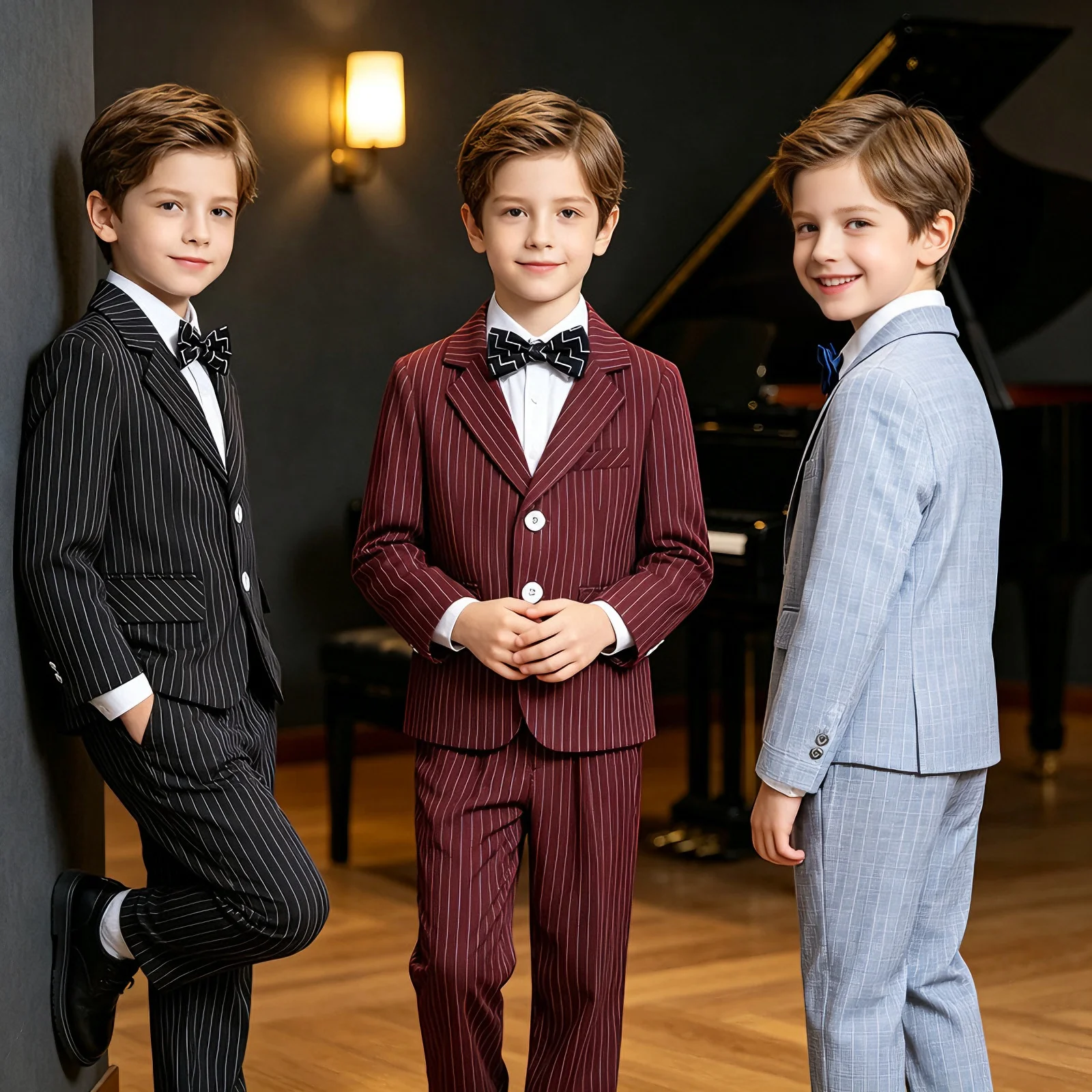 Teen Kids Boys Striped Suit Set Children Wine Red Pinstripe Blazer Pants Bow Tie Wedding Flower Boy Piano Host Show Outfit 2-14Y
