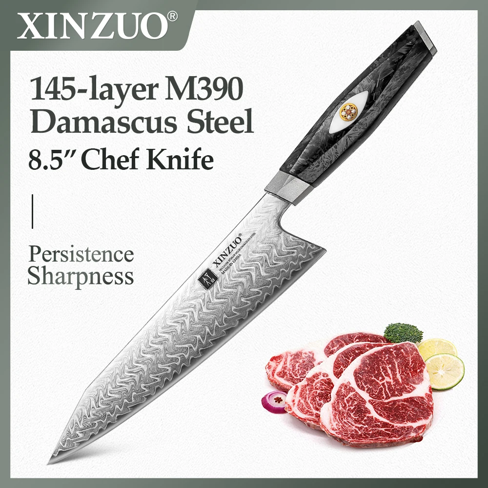 

XINZUO 8.5" Inch M390 Damascus Steel Stainless Steel Ultra Sharp Kitchen Knife With Black Carbon Fiber With Resin Handle