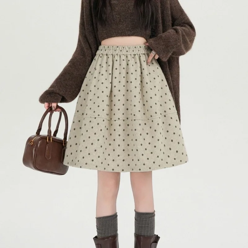 Women High Waist Polka Dot Woolen Skirt Autumn Winter Thick A Line Flared Half Skirt