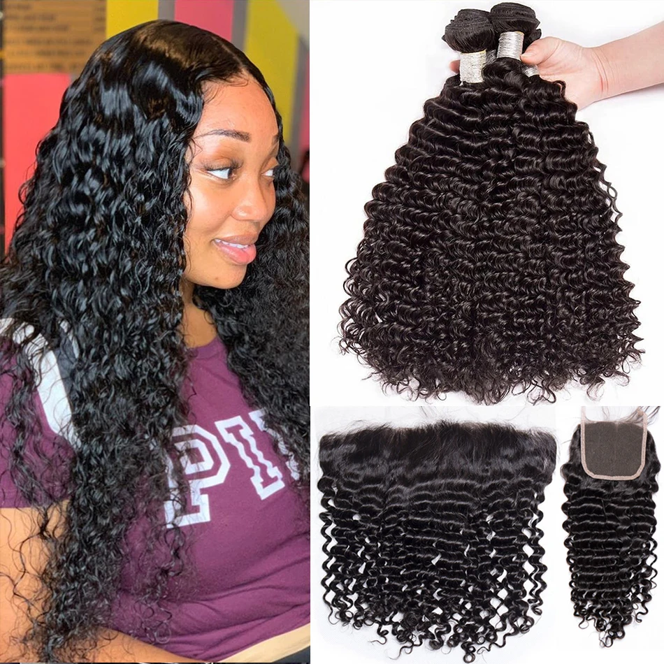 

Deep Wave Human Hair Bundles With Frontal Closure 3/4 pcs/lot 12A Brazilian Hair Weave Bundles With Closure Remy Hair Extensions