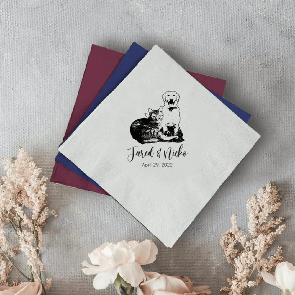 50 Custom Pet Dog Wedding,Bridal Shower,Rehearsal Dinner,Engagement Party and Bar Cocktail Napkins,Dog Beverage Wedding Napkin