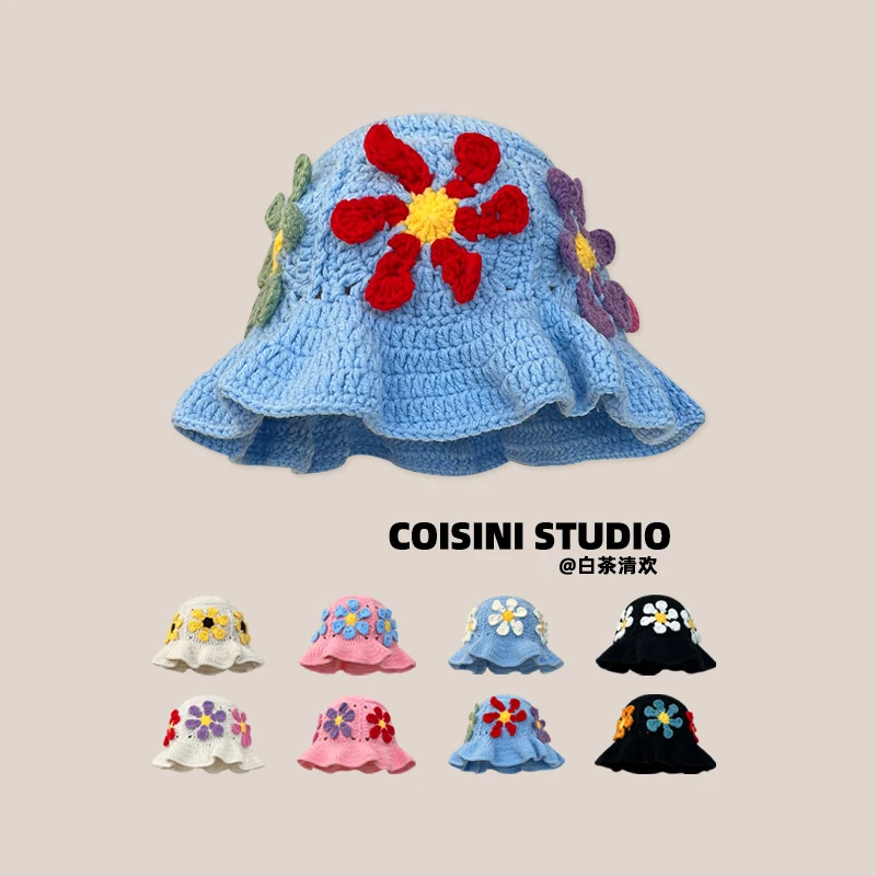 Korean Niche Colorful Flowers Hollow Knitted Caps for Women Show Face Small Spring and Autumn Travel Photo Versatile Bucket Hat