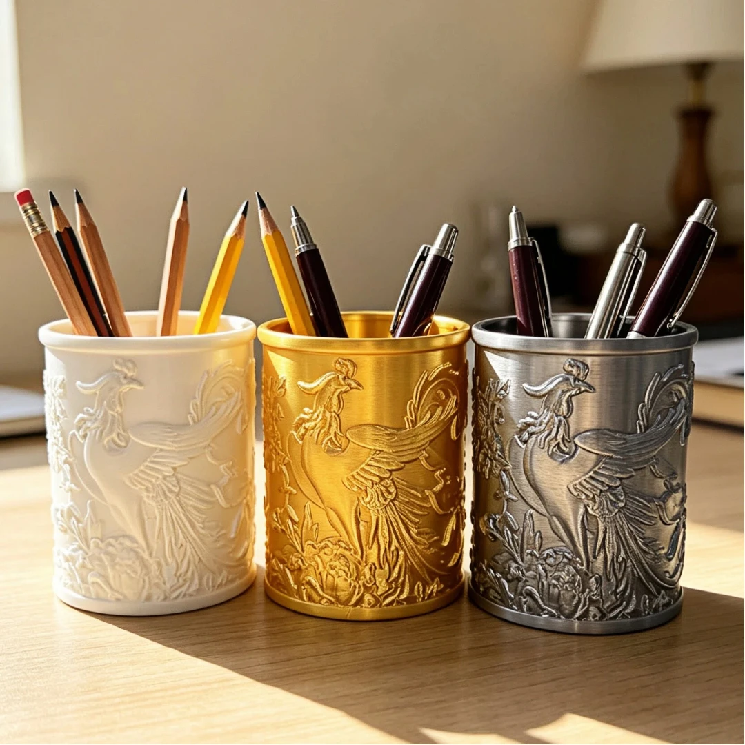 New Chinese style phoenix relief pencil holder, Oriental desktop office stationery organizer, vintage Chinese craft gift