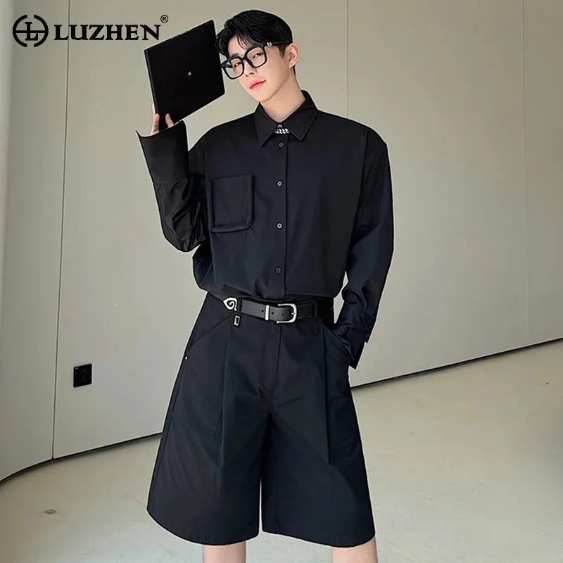 

LUZHEN Pockets Splicing Design Stylish Long Sleeved Shirts Original Fashion Elegant Korean Men's Solid Color Tops Autumn LZ5980