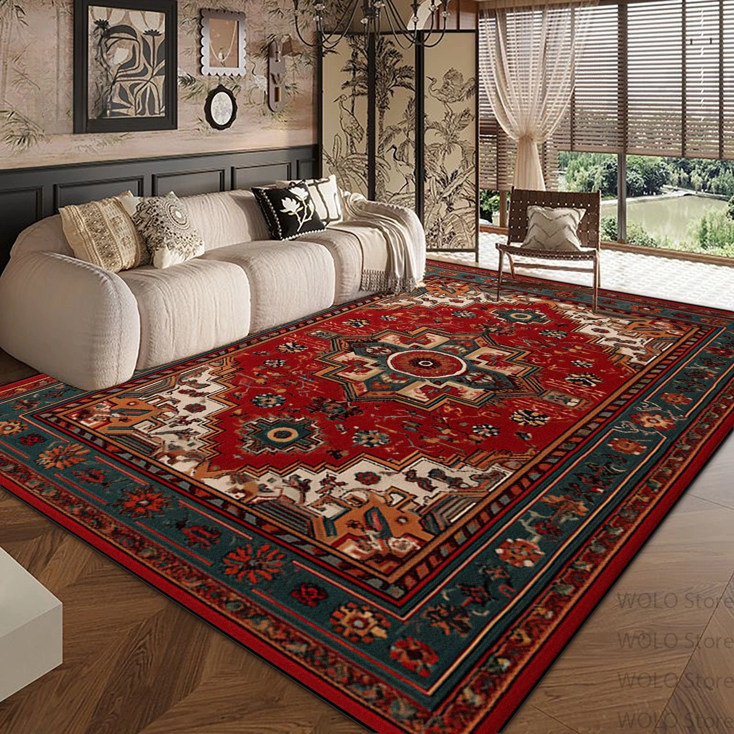 Persian Red Large Carpets for Living Room Ethnic Style Decoration Non-slip Fluffy Soft Rug Home Sofa Area Bedroom Washable Mats