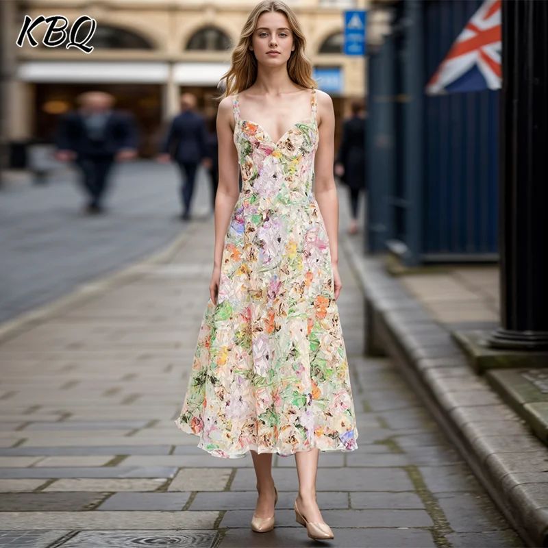 

KBQ Floral Printing Slimming Dress For Women V Neck Sleeve High Waist Backless Temperament Long Dresses Female Fashion Style New