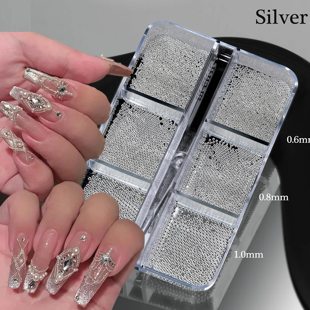 6 Grids Silver Stainless Steel Nail Beads 0.6/0.8/1mm Micro Round Caviar Balls Nail Rhinestones Micro Beads Nail Decor Supplies