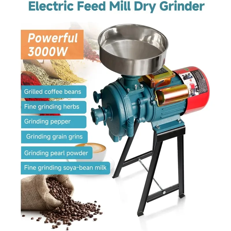 Electric Grain Mill Grinder Corn Grinder 3000W 110V Commercial Flour Mill Machine with Funnel Feed Grinders for Corn Wheat