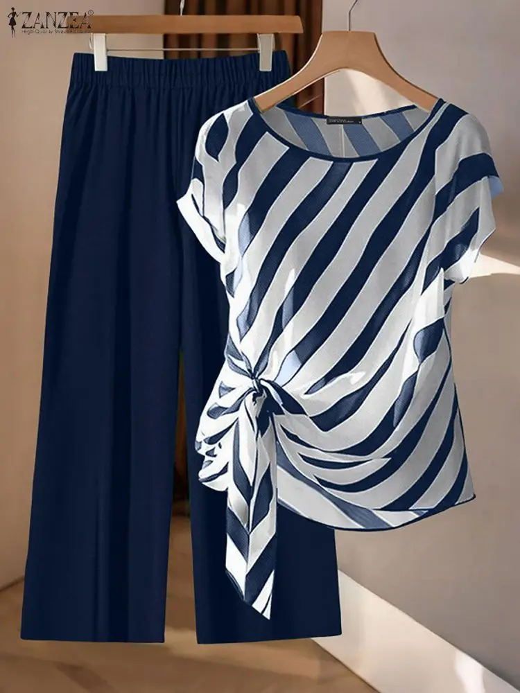 ZANZEA أزياء النساء 2 قطعة ملابس الصيف قصيرة الأكمام مخطط القمم مرونة الخصر بنطال ذو قصة أرجل واسعة عارضة بانت مجموعات أنيقة 2 قطعة #4