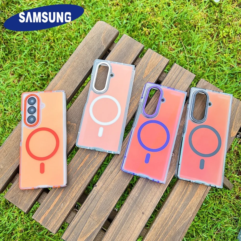 

For Samsung Z Fold 7 6 Dazzle Laser For Magsafe Wireless Charge Fold Phone Case Clear Anti Drop Lens Protection Shockproof Cover