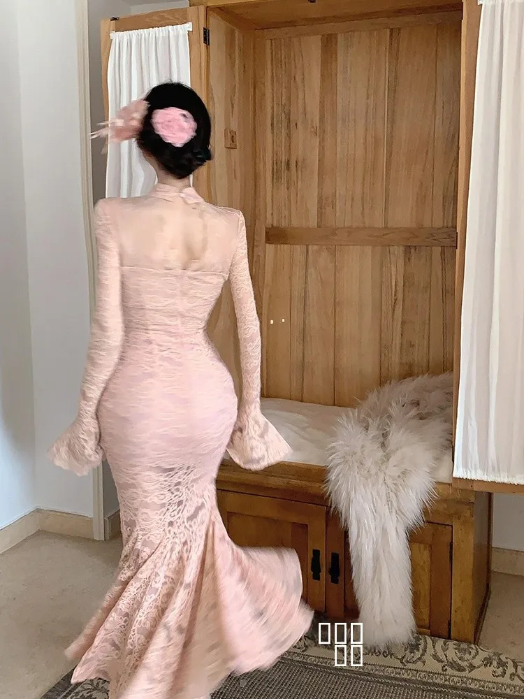 

XZY Chic Женское осенне-зимнее сексуальное облегающее платье-русалка с вырезами и длинными рукавами, корейский стиль, приталенное, для повседневной носки