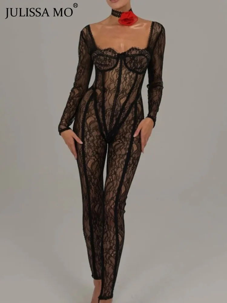 JULISSA MO Square-Neck Long Sleeve Lace See Through Sexy Jumpsuits One Piece Bodycon 2023 Autumn Rompers Club Party Outfits