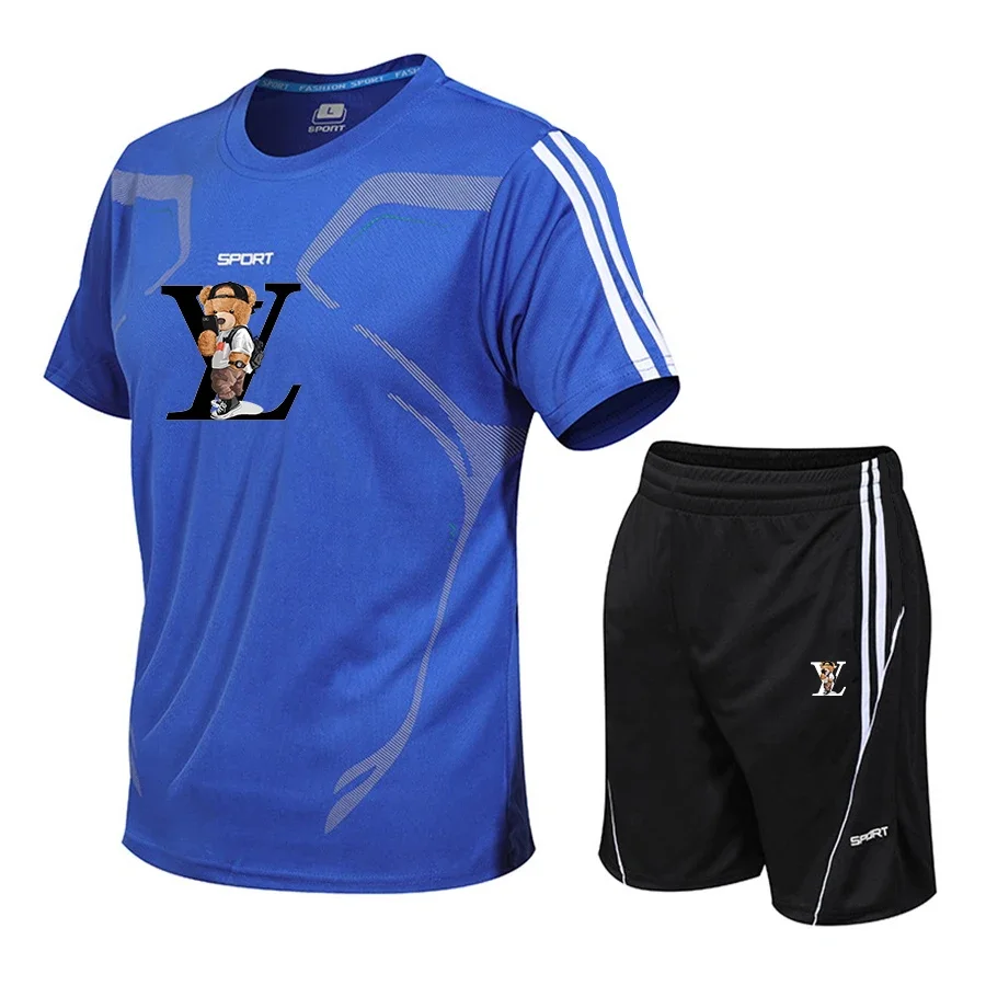 2025 Summer men's sports fitness running set Casual quick drying round neck short-sleeved T-shirt + shorts two-piece set