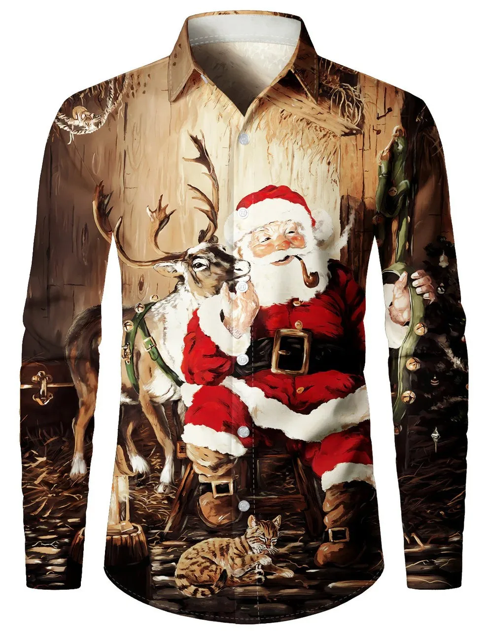 2025 Novo modelo de impressão 3D Papai Noel padrão outono inverno colar moda manga longa confortável botão camisa masculina