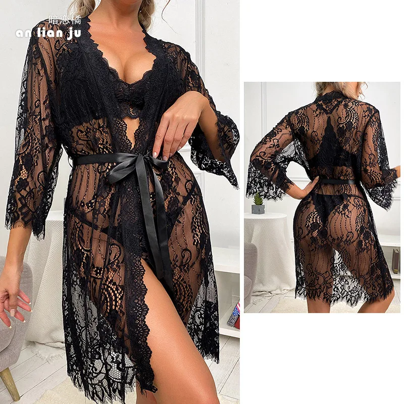 

Women's Sexy Lace Robes Sexy Long Lingerie Soft Comfortable Sleepwear Nightwear Lady's Bathrobe Dress See Through Sheer Pajamas