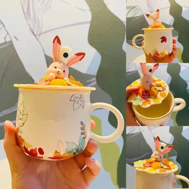 New autumn cute maple leaf forest autumn rabbit cute fox squirrel acorn ceramic mug   cup set  coffee mug with lid  fall mug