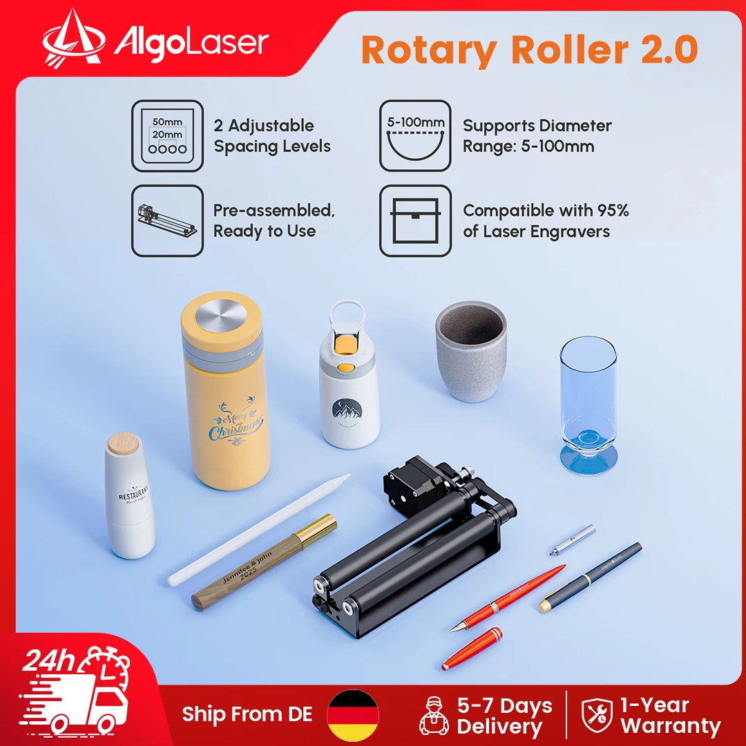 Accessoire rotatif AlgoLaser Rotary Roller 2.0 pour axe Y, pour graveur laser, réglable de 5 à 200 mm, pré-assemblé, pour gobelets, tasses, bouteilles, objets cylindriques