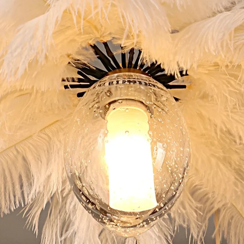 Nordic White Feather Chandelier Ostrich Glass Lampshade Design Pendant Lighting for Staircase Home Decor Suspend Lustre Fixtures