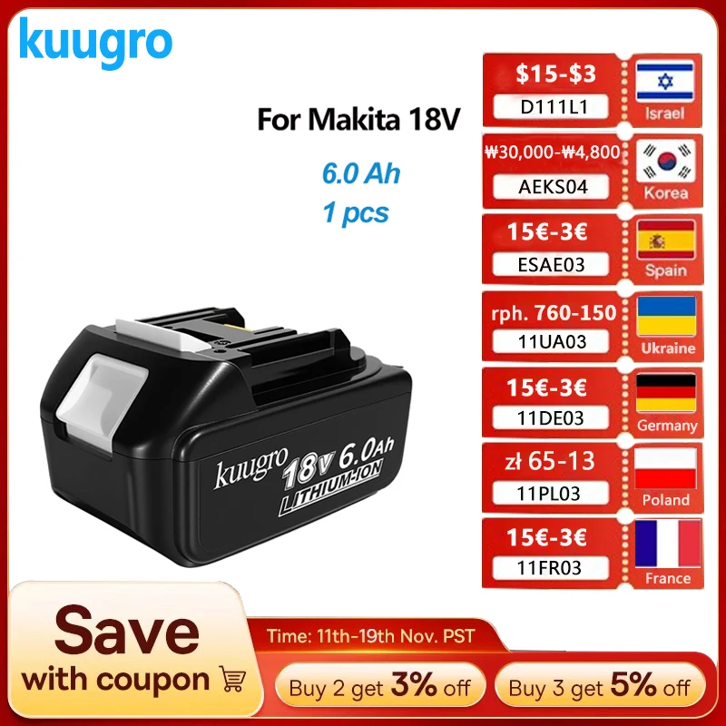 쿠그로 18V 6Ah 5Ah 4Ah 마키타 18V 배터리 전동공구 리튬이온 교체 배터리 LXT BL1850 BL1840 18V 스크류드라이버용 BMS 포함