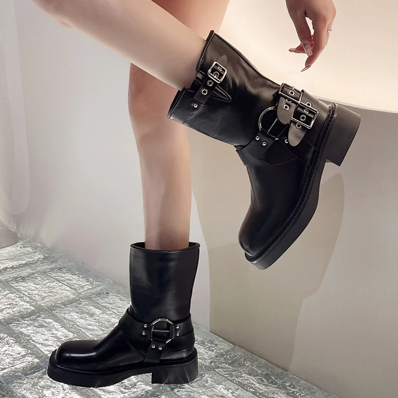 Punk Style Buckle Strap Mid-Calf Boots Women Black PU Leather Platform Western Boots Woman Big Size Square Toe Thick Heels Boots