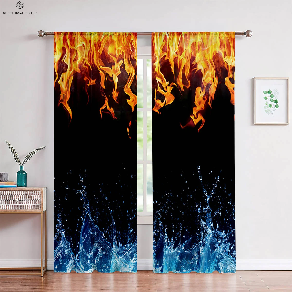 

2pcs Water Flame Two Pole 3D Printing Curtain Polyester Fiber Machine Washable Bedroom Living Room Kitchen Decorative Curtain