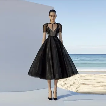 

Black Evening Dresses A-line Short Sleeves Tea Length Tulle Dubai Arabic Turkey Abaya Islamic Evening Gown