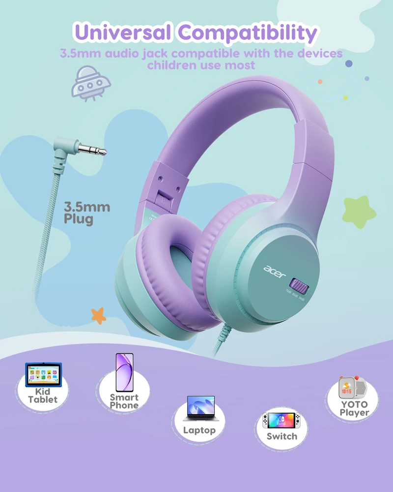 Acer Kids Headphones 74/85/94dB Volume Limiter Foldable Wired Over Ear Headphones Toddler Headsets for School,iPad,Tablet view 4