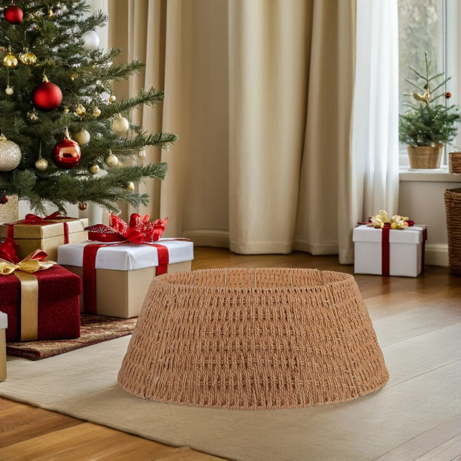 

24 Inch Christmas Tree Collar Woven Paper Rope Farmhouse Style Tree Base Cover Rustic Christmas Skirt Detachable Storage Easy