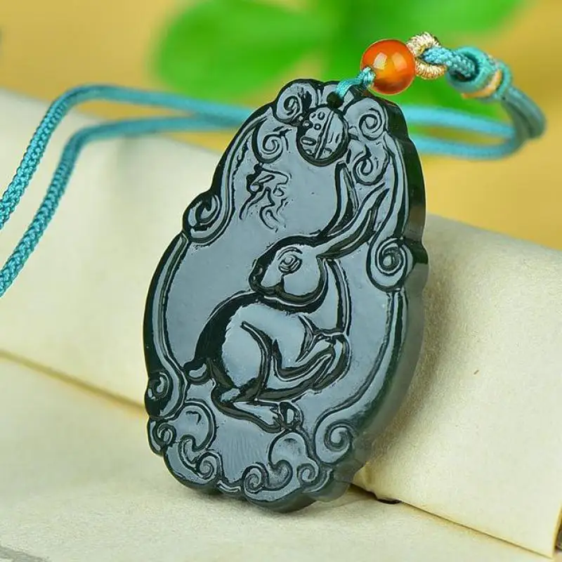 

Natural Nephrite Green Jade Rabbit Charm Necklace Men Women Fine Jewelry Chinese Hetian Jade Zodiac Rabbit Pendant Necklace