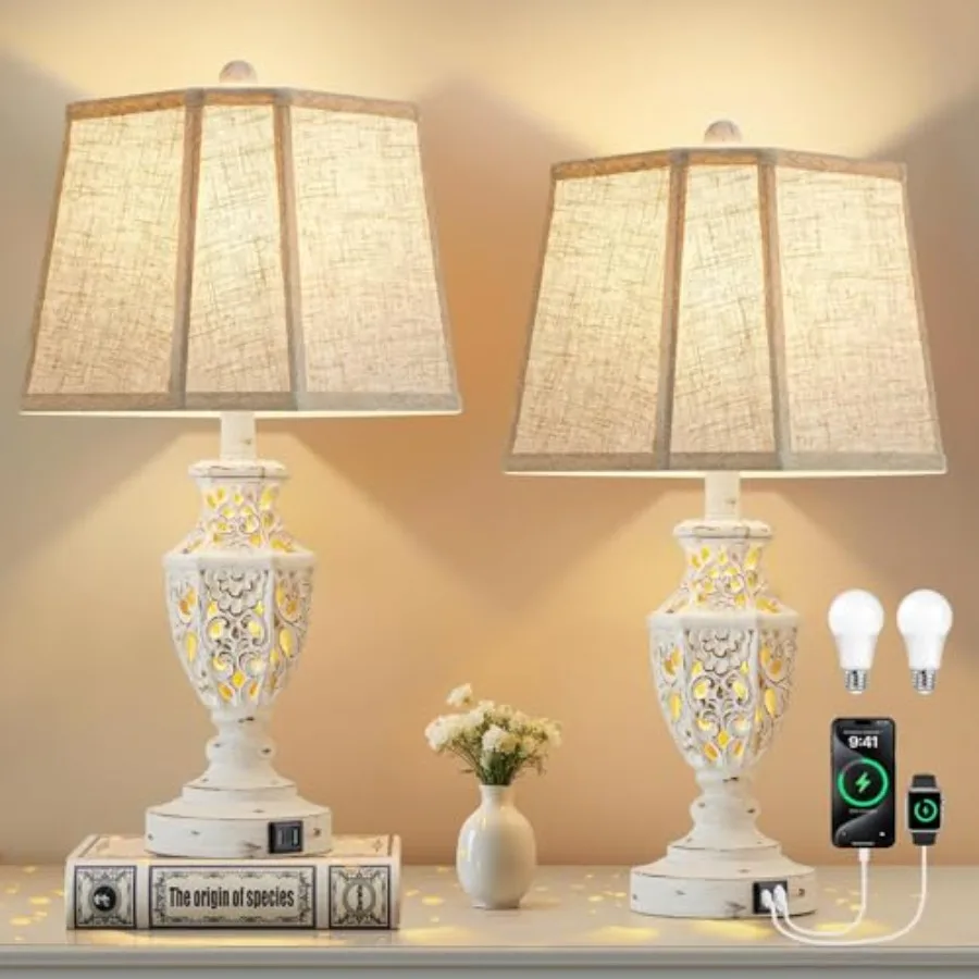 

Набор из 2-х прикроватных ламп (23,5 дюйма) в стиле бохо с USB A+C и ночником - Деревенская настольная лампа из резной смолы в стиле фермерского дома