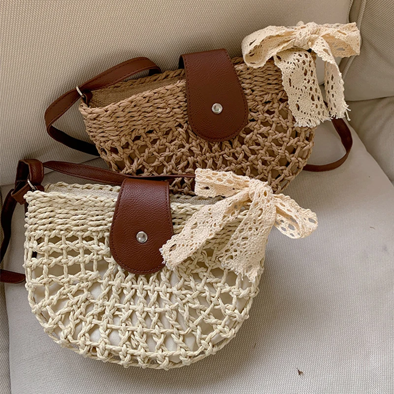 Bohemia handgemachte Rattan gewebte Stroh Umhängetasche für Frauen Sommer Strand Messenger tägliche Geldbörse Mädchen Stil