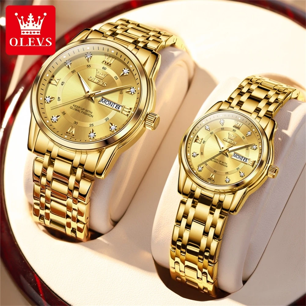 OLEVS Quartz Couple Watches for Men and Women Luxury Golden Stainless Steel Dual Calendar Dial Waterproof Luminous Wristwatches