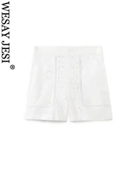 WESAY JESI TRAF Summer Shorts Pants Woman Solid Printing High Waist Pockets Hollow Out Lined Zipper Female High Street Short