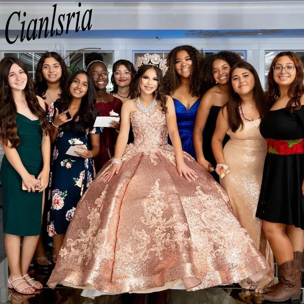 Sparkly rosa quinceanera vestidos tule apliques princesa vestido de baile festa aniversário vestido formal de 15 años