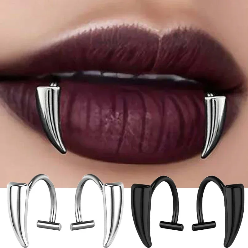 2PCS Stainless Steel Personalised Sharp Teeth Fake Piercing Lip Ring Punk Exaggerated Jewelry for Women Gothic Body Jewelry