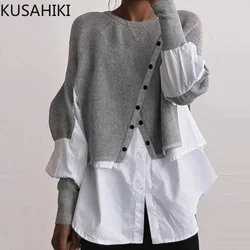 KUSAHIKI Autumn Winter New Knitted Sweater Fashion Contrast Color Splicing Fake Two Piece Style Women Pullover Knitwear Tops