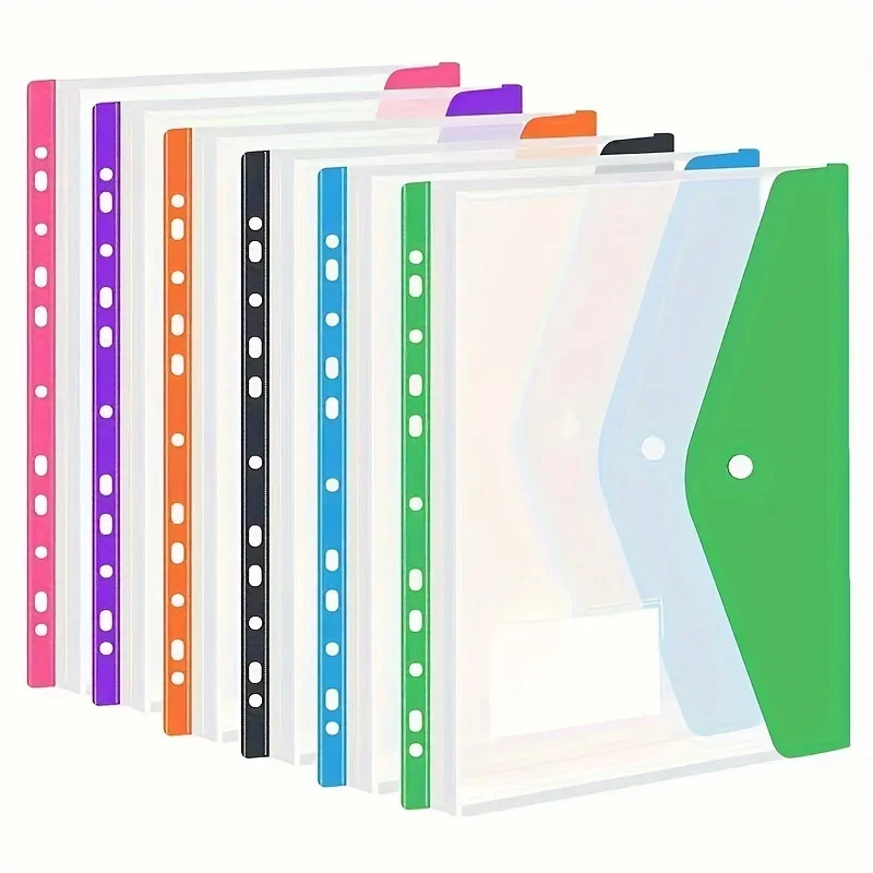 6 Envelopes Plásticos A4 com Fechos Adesivos, Bolsa Expansível de 11 Furos para Fichários de 2/3/4 Argolas, Organizador de Arquivos para Escola e Escritório