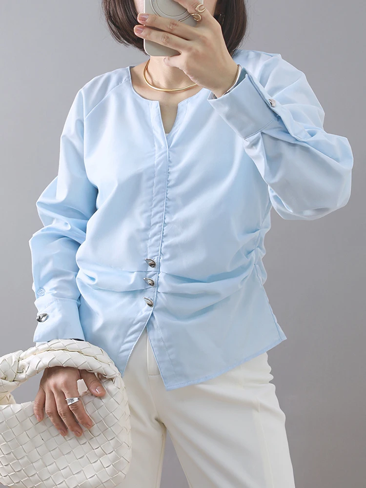 Korean Fashion V Neck Long Sleeve Tops Shirts Women Slim Waist Blouse 2024 New Office Ladies Workwear Blouses S-XXL Button Shirt