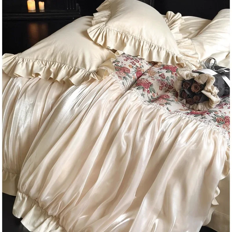 Juego de Ropa de Cama Serafina, Estilo Romántico Francés, Jacquard de Algodón Abrasado, Cuatro Piezas, con Pliegues de Algodón y Encaje, Diseño Princesa