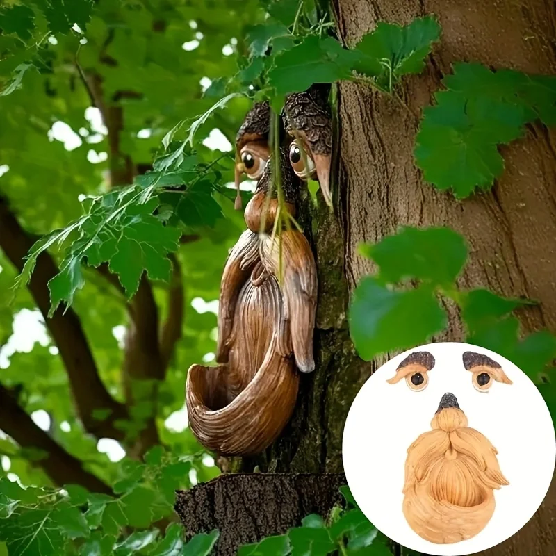 Baum-Gesichtsdekoration, Vogelfutterstation im Freien, Augen leuchten im Dunkeln, lustiger alter Mann, Baum-Hugger-Skulptur, Hof, Kunst, Garten, Rasen, Ornament, Dekoration – Detail 5