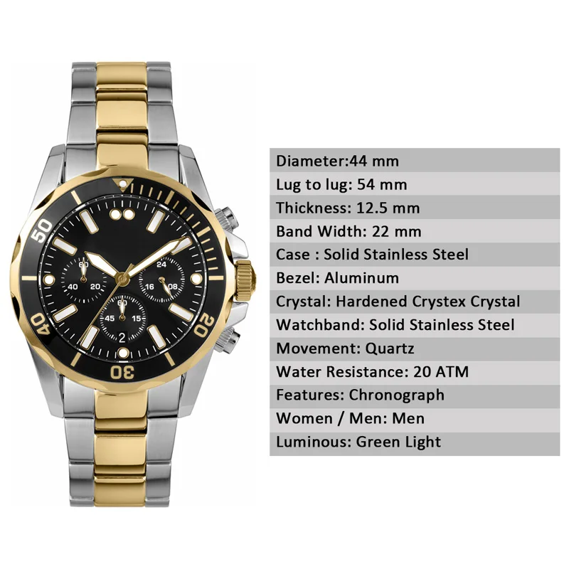 Business Men's Watch Multi functional Waterproof Stainless steel Bracelet Quartz Watches Aluminium Bezel PVD Gold 20ATM