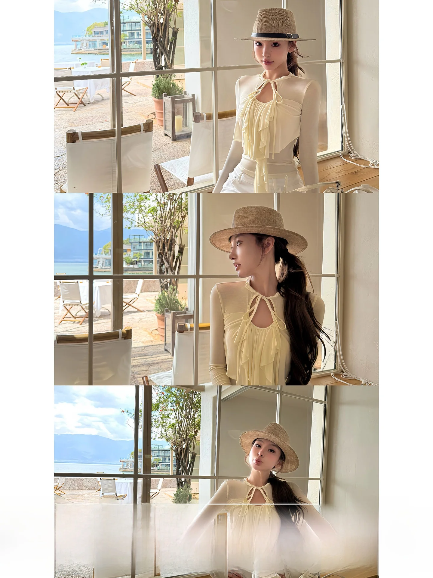 Sweet Bitter Lace Trim Shirt Women's Waist Cinching Knitted Top OYFF Fanyuan Come over Acetate Long Sleeve Short Length