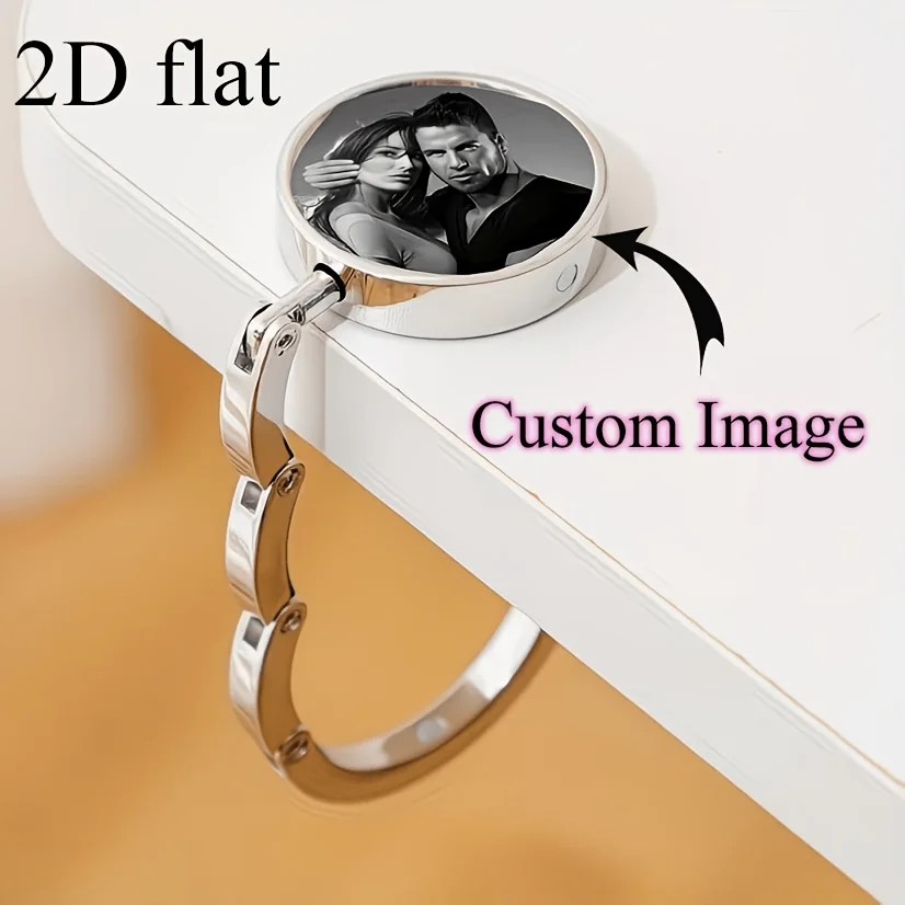 Customized 2D Flat 1pc 2D Flat Handbag Desktop Hook Self-Defined Pattern Silvery Round Personalized Souvenir Gift for Loved Ones