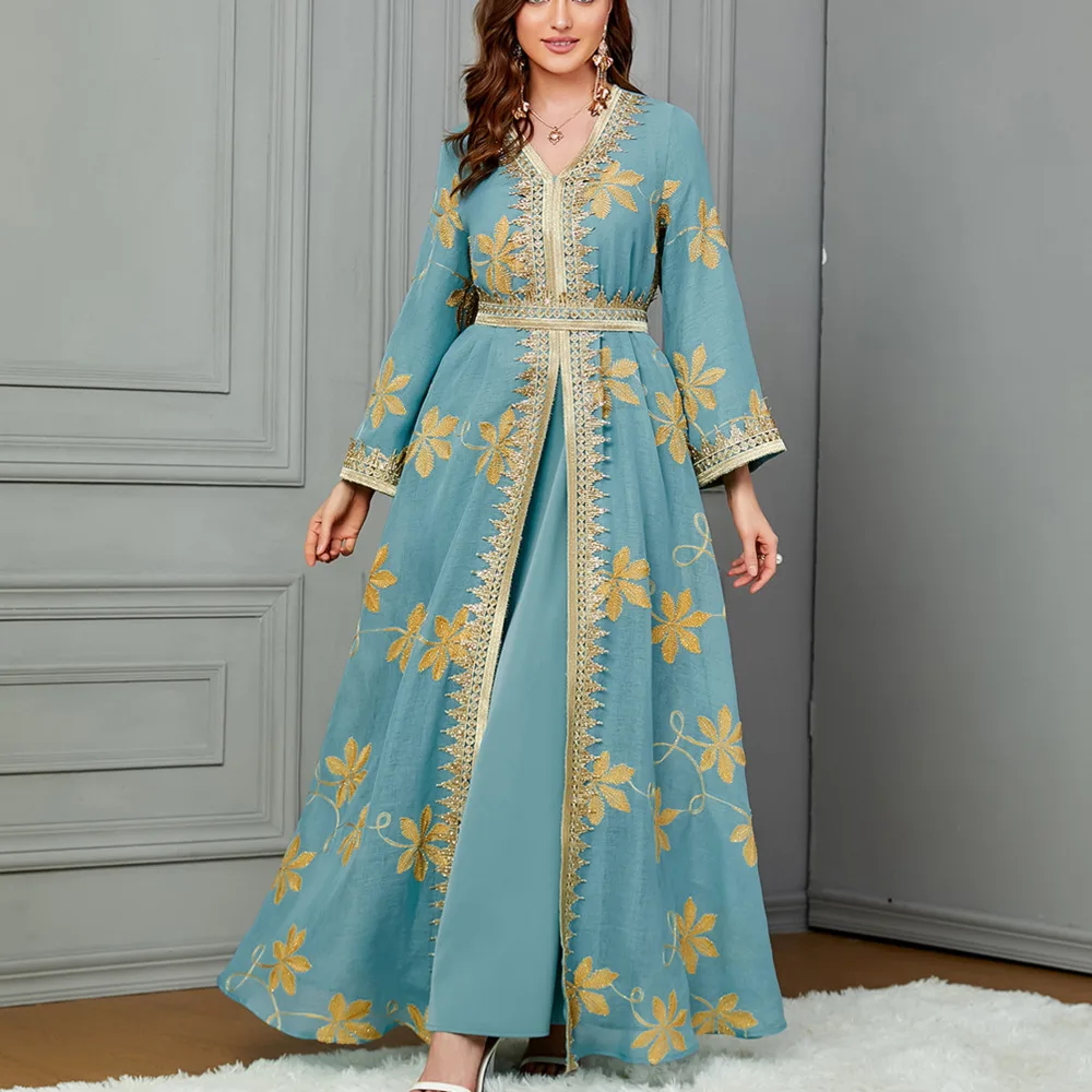 

Abaya Print Two Piece Women's Set Evening Dress Crafted Fabric With Maple Leaf Embroidery Robe High Waisted Elegant Dress Suits