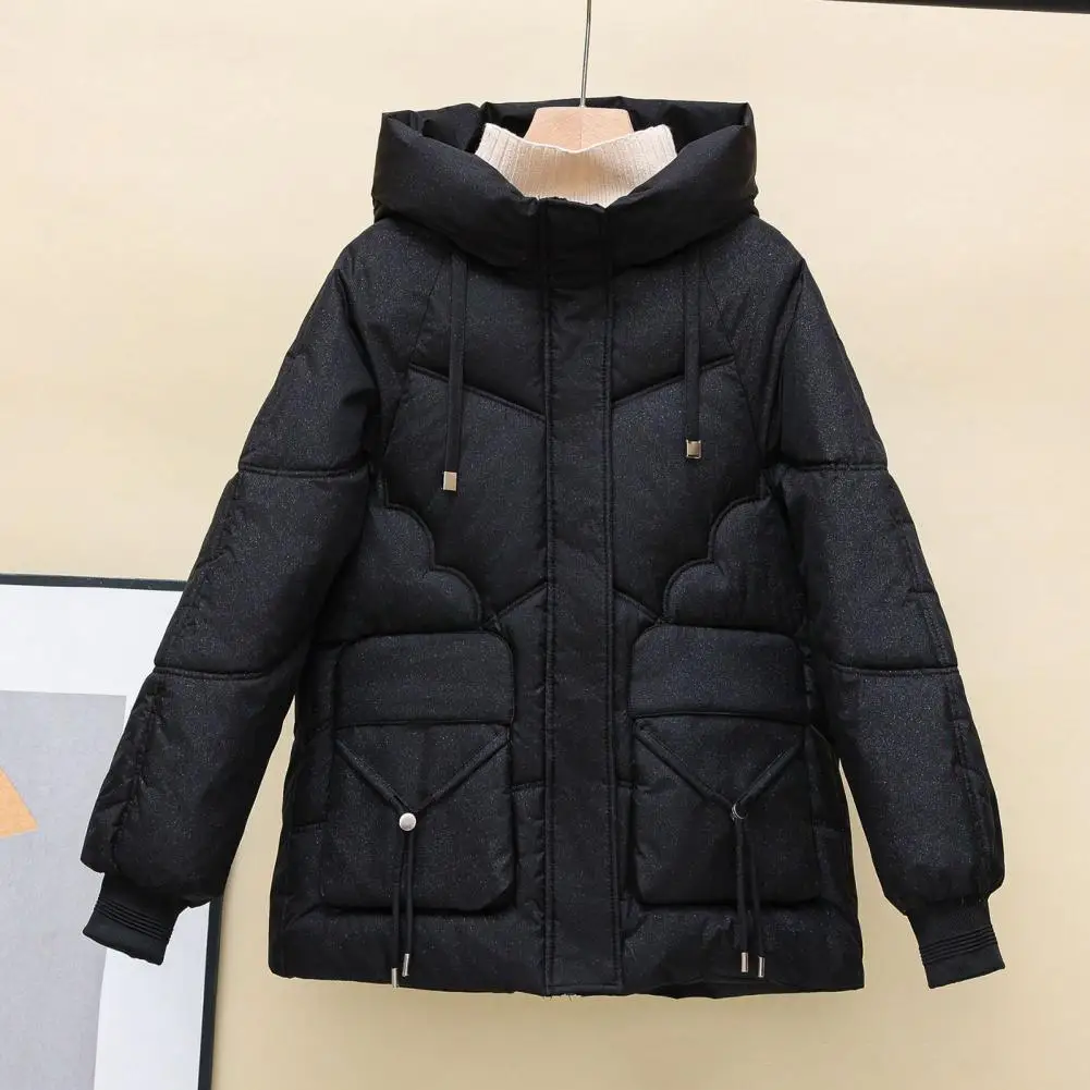 Manteau en duvet coupe-vent mi-long pour femme, poches à capuche, fermeture à cordon de proximité, vêtements d'extérieur pour la météo, épaissi pour la chaleur, hiver