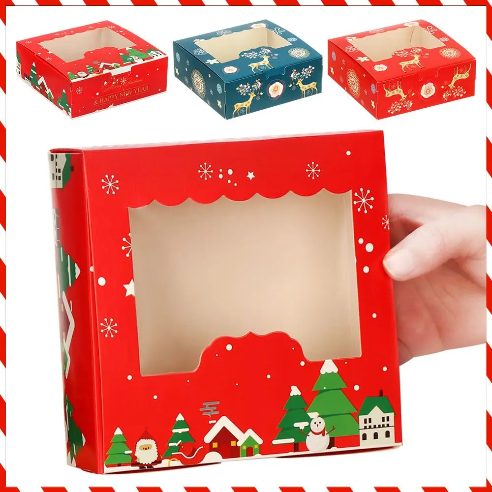 10pcs Christmas Cardboard Cake Boxes 4 Cup Cake Packaging Box Biscuit Nougat Chocolate Candy Christmas Gift Wrapping Box