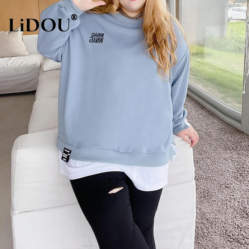 Frühling Herbst Neue Koreanische Mode Zwei Gefälschte Stücke Plus Größe Sweatshirt Frauen Brief Patchwork Casual Dame Tops Übergroße Kleidung